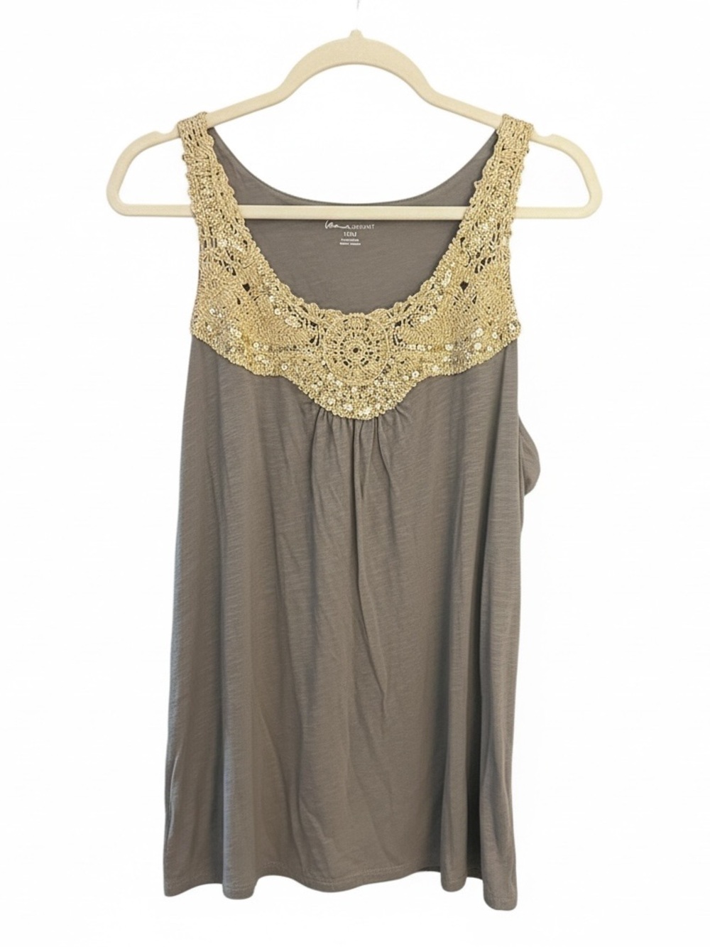 Lane Bryant Taupe Tank Top with Gold Crochet Yoke